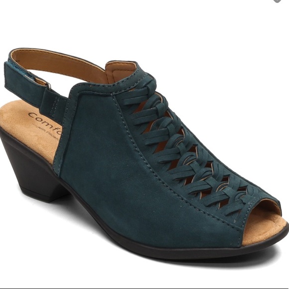 Comfortiva Shoes - Comfortiva Teal Open Toe Chunky Sandal Heels